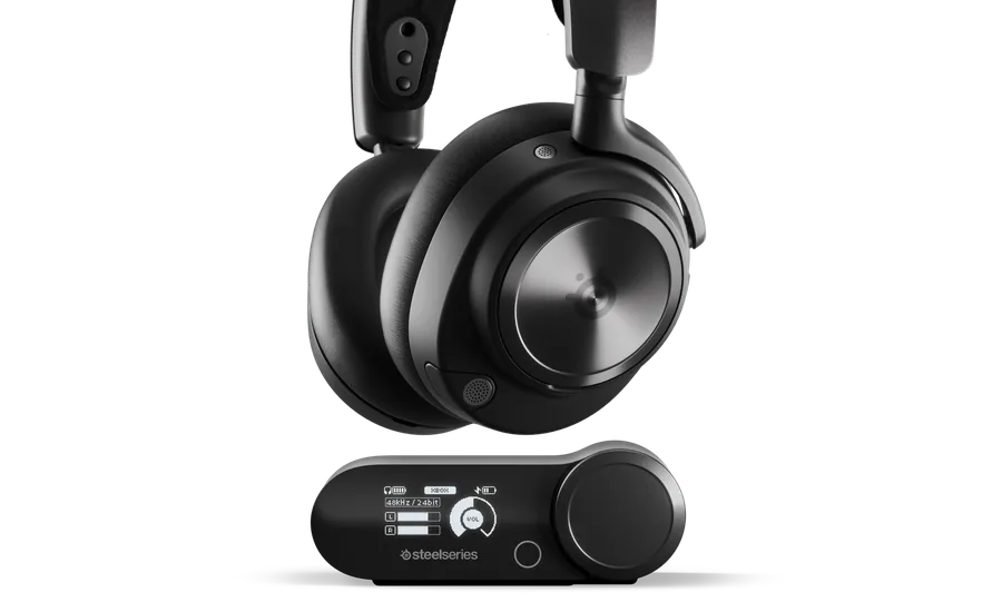 SteelSeries Arctis Nova Pro Wireless headset with its base station